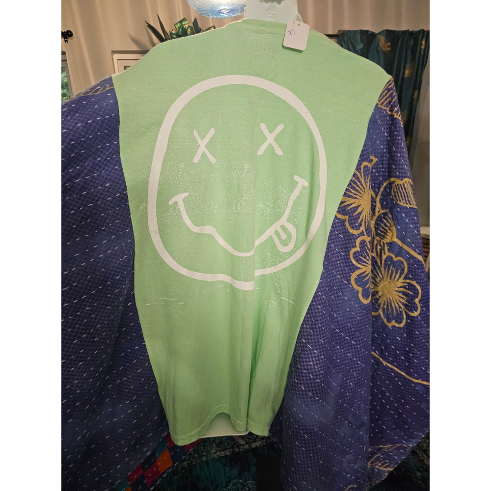 Nirvana Graphic T-Shirt upcycled with Kantha quilted Arms,, Size up to 2xl - Picture 2 of 4